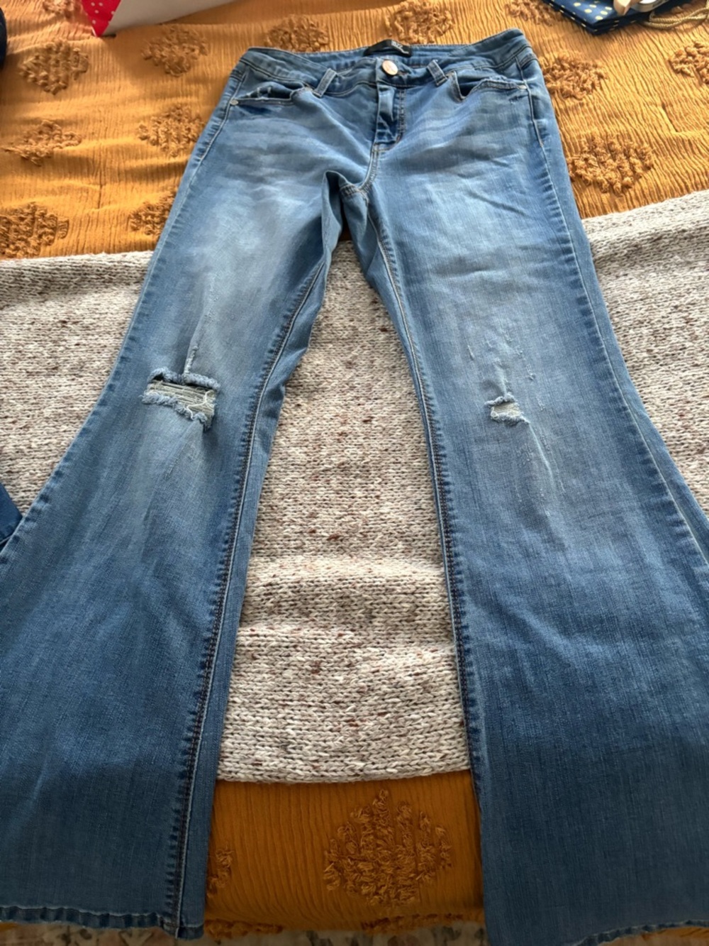 1822 Denim Light Blue Flare Jeans with Knee Distress